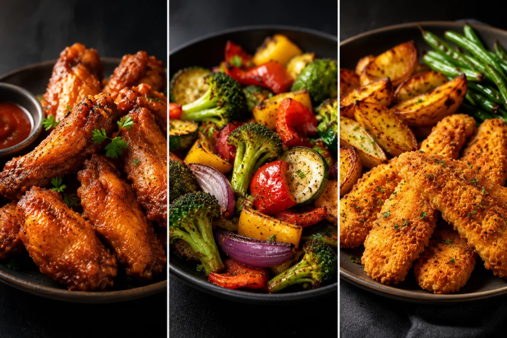 Air-fried chicken wings, roasted vegetables, chicken tenders and potato wedges
