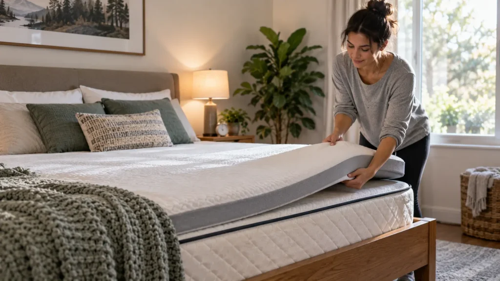 Woman placing a mattress topper on a bed for better comfort and sleep