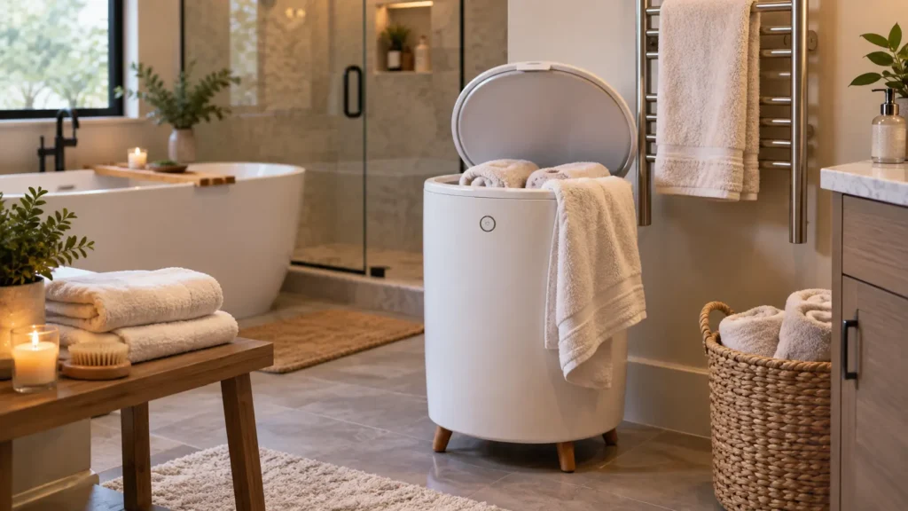 cozy spa bathroom with heated towels