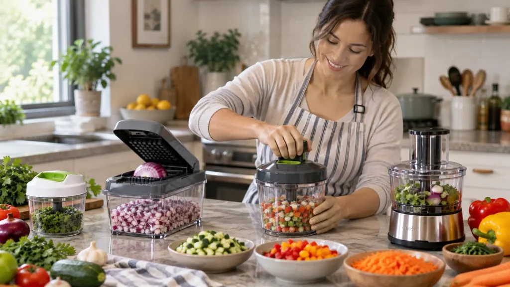 Woman using a vegetable chopper to prepare fresh vegetables in a modern kitchen with manual and electric choppers.