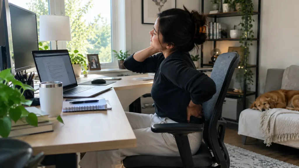 Woman experiencing back and neck discomfort while sitting in an ergonomic office chair at her home office desk.