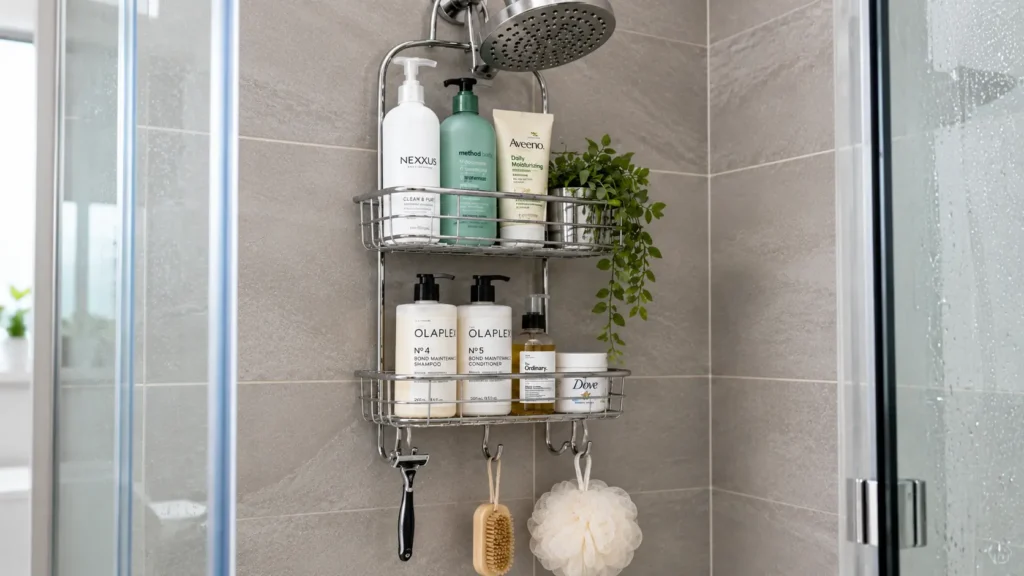Best shower caddy with two-tier storage for shampoo, conditioner, soap, and bathroom essentials.