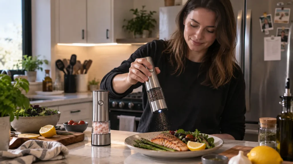 Woman using one of the best electric salt and pepper grinders to season a meal in a modern kitchen
